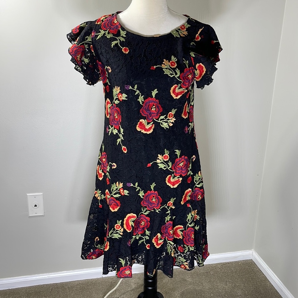 EVA FRANCO/ANTHROPOLOGIE FLORAL LACE DRESS, LINED, SIZE 10, WORN ONCE